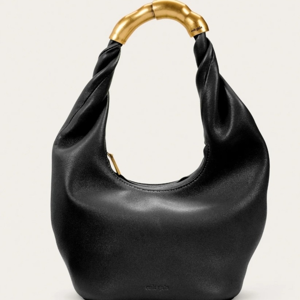 Cult Gaia Black Mini Hobo Bag with Gold Handle. On Sale